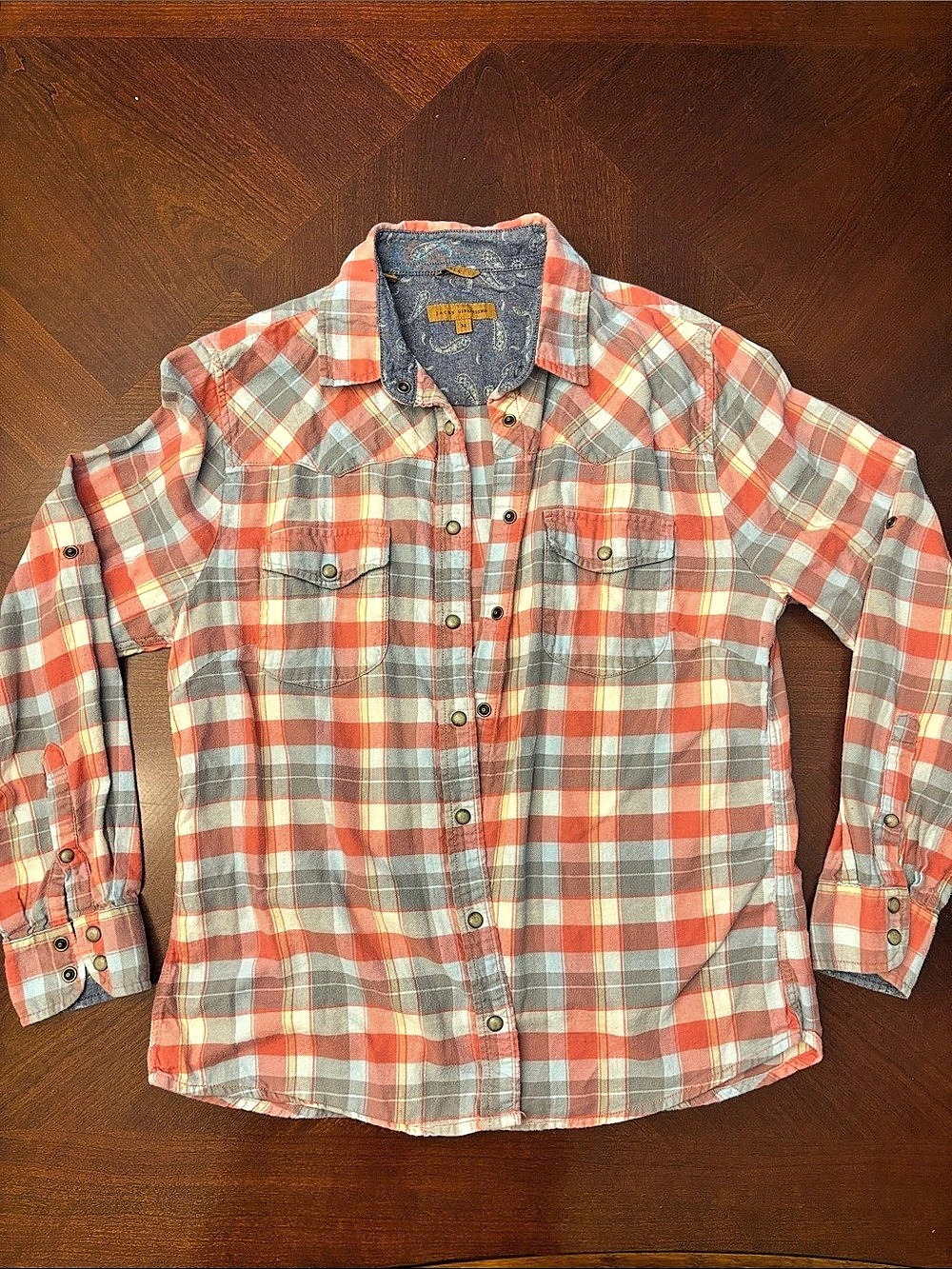 Jack's Girlfriend Plaid Snap Button Shirt in Orange & Gray Size Medium
